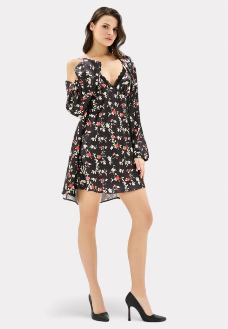 Σετ Ρόμπα - Νυχτικό σατέν Moongirl Black Floral MG904 - Image 8