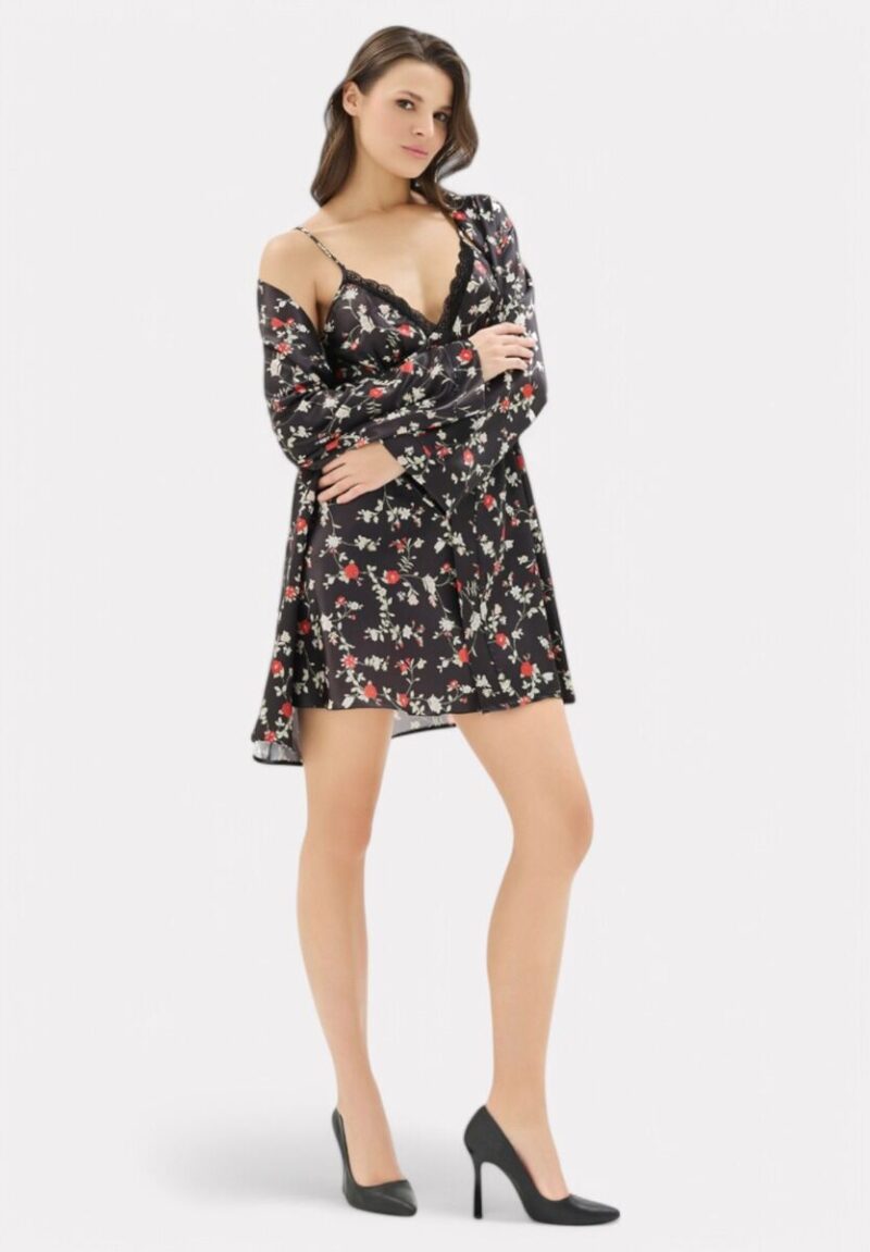 Σετ Ρόμπα - Νυχτικό σατέν Moongirl Black Floral MG904 - Image 2