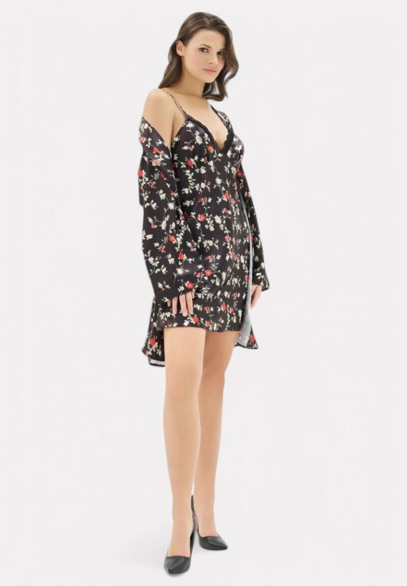 Σετ Ρόμπα - Νυχτικό σατέν Moongirl Black Floral MG904 - Image 3