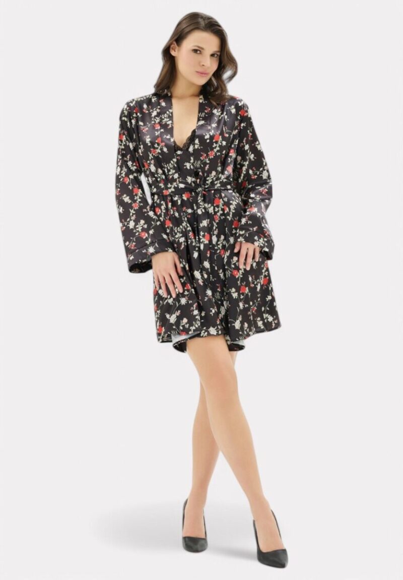 Σετ Ρόμπα - Νυχτικό σατέν Moongirl Black Floral MG904 - Image 4