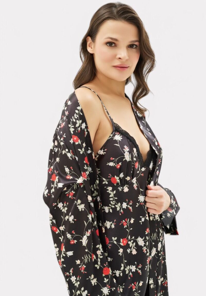 Σετ Ρόμπα - Νυχτικό σατέν Moongirl Black Floral MG904 - Image 5
